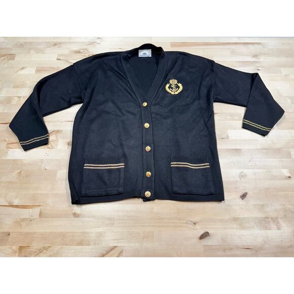 VTG Bay Point Threads Nautical Cardigan Sweater Women L Black Gold Navy Crest - Picture 1 of 8
